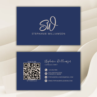 Moderner, stylischer Monogram QR Code Minimal Navy Visitenkarte
