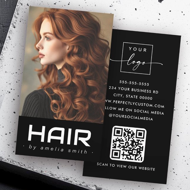 Moderner Stylist Visitenkarte (Modern black hair hairdresser stylist business card)