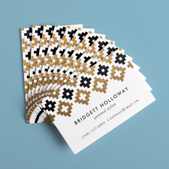 Moderner Südwest Blanket Black und Gold Glitzer Visitenkarte (faux gold glitter and black geometric southwestern Navajo stye blanket motif business cards)