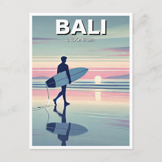 Moderner Surfer Sunset Bali Indonesien Postkarte (Vorderseite)