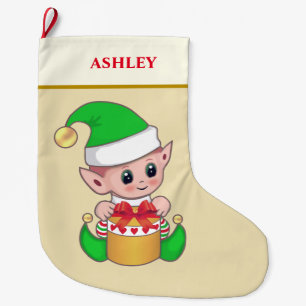 Moderner süßer Weihnachtself & Geschenkbox auf san Großer Weihnachtsstrumpf