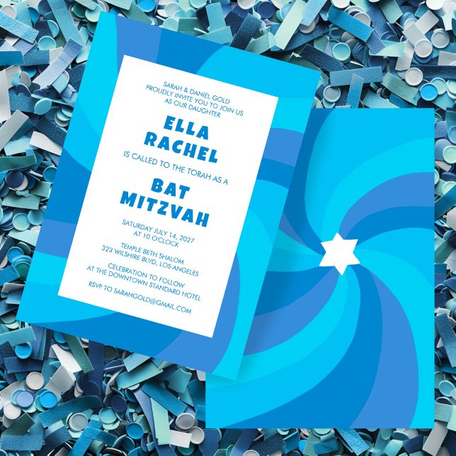 Moderner Swirl Star von David Custom Bar Bat Mitzv Einladung (Modern Swirl Star of David Custom Bar Bat Mitzvah Invitation Blue Stripes Bold Colorful)