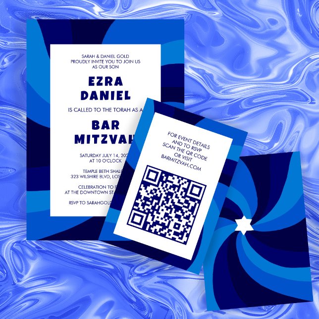 Moderner Swirl Star von David QR Code Bar Bat Mitz Begleitkarte (Modern Swirl Star of David QR Code Bar Bat Mitzvah Enclosure Card
)