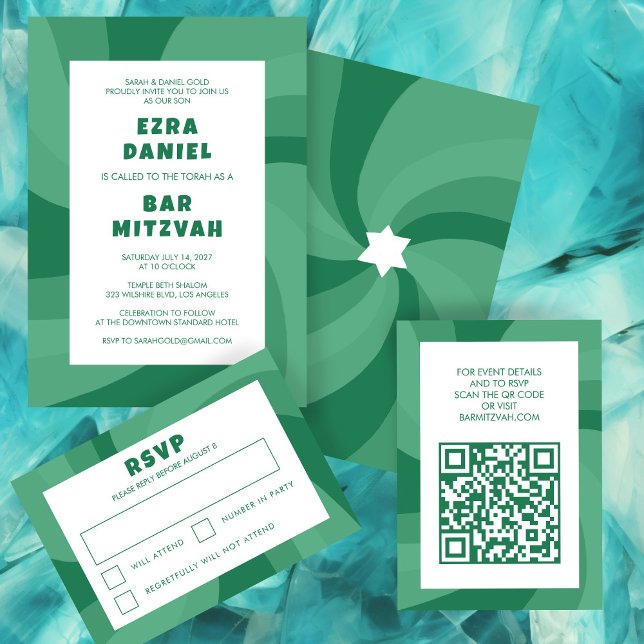 Moderner Swirl Star von David QR Code Bar Bat Mitz Begleitkarte (Modern Swirl Star of David QR Code Bar Bat Mitzvah Enclosure Card
)