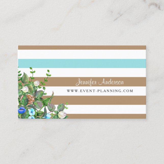 Moderner Tan Floral Aqua Strip Event Planner Visitenkarte (Vorderseite)