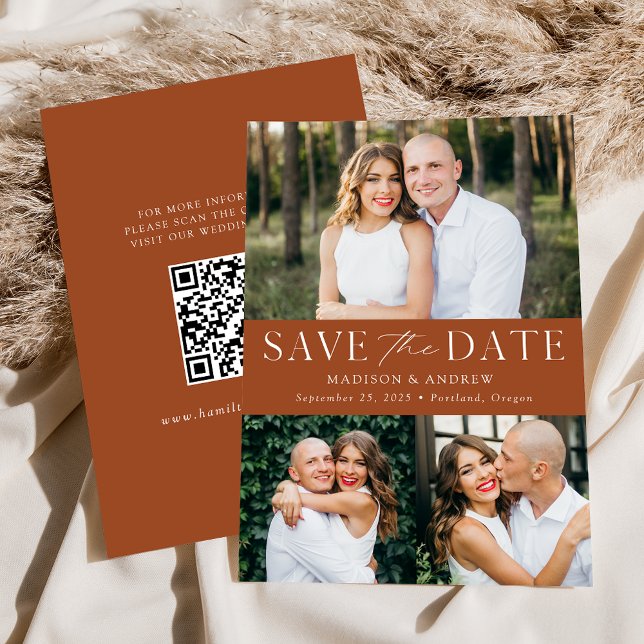 Moderner Terracotta 3 Foto QR Code Save The Date (Von Creator hochgeladen)