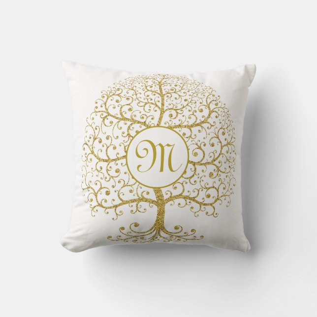 Moderner Tree Monogram Gold Kissen (Vorderseite)