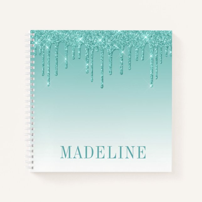 Moderner, trendiger Aquamariner Glitzer Tropfen Notizbuch (Vorderseite)