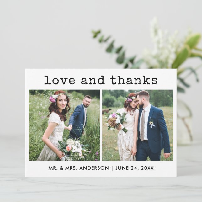 Moderner, trendiger Schreibmaschinentext Hochzeit  Dankeskarte (Stehend Vorderseite)