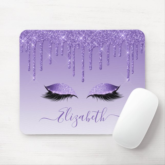 Moderner Trendy Lila Glitzer Lashes Stilschrift Mousepad (Mit Mouse)
