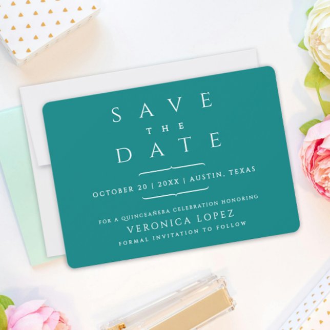 Moderner Trendy Minimal Aquamarin Mis Quince Años  Save The Date (Von Creator hochgeladen)