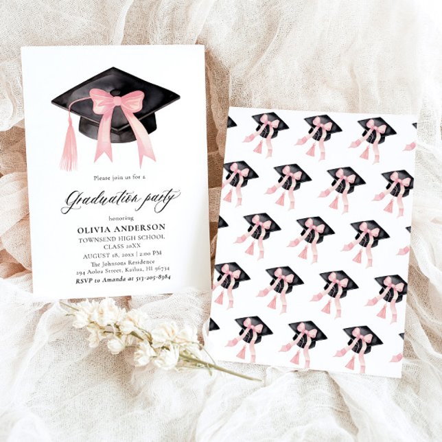 Moderner Trendy Pink Bow Graduation Cap Abschluss Einladung (Watercolor Modern Elegant Trendy Stylish Pink Bow Graduation Invitation)
