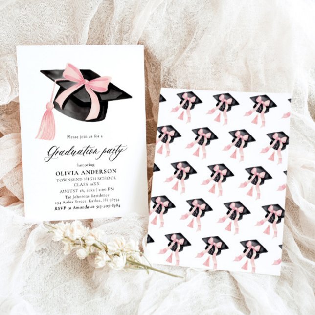 Moderner Trendy Pink Bow Graduation Cap Abschluss Einladung (Watercolor Modern Elegant Trendy Stylish Pink Bow Graduation Invitation)