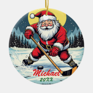 Moderner trendy Santa Playing Ice Hockey Individue Keramik Ornament
