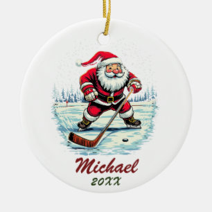 Moderner trendy Santa Playing Ice Hockey Individue Keramik Ornament
