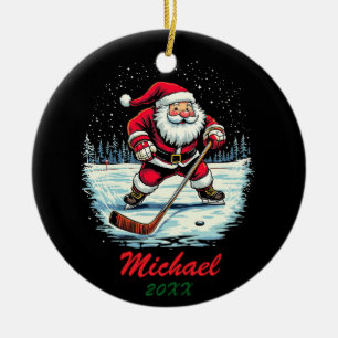 Moderner trendy Santa Playing Ice Hockey Individue Keramik Ornament