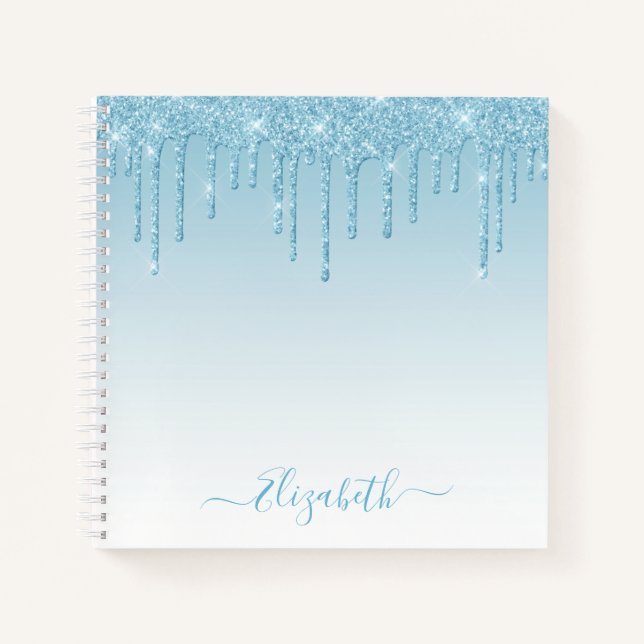 Moderner Trendy Stylish Script Light Blue Glitzer Notizbuch (Vorderseite)