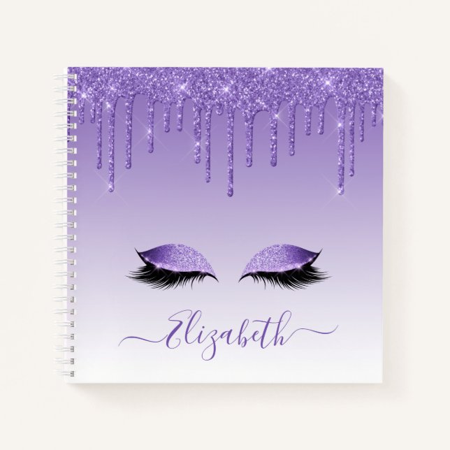 Moderner Trendy Stylish Script Lila Glitzer Lashes Notizbuch (Vorderseite)