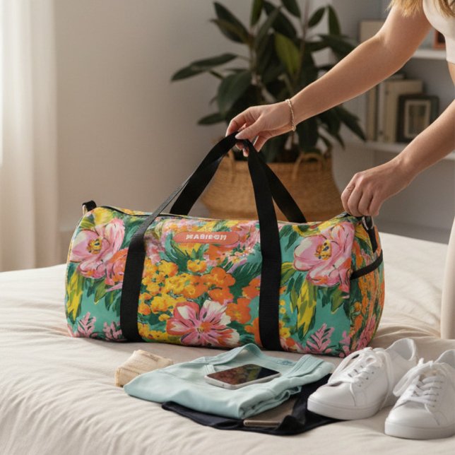 Moderner tropischer Blumenmuster - Personalisierte Duffle Bag (Von Creator hochgeladen)