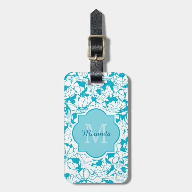 Moderner Türkis-Girly mit Blumenmonogramm mit Gepäckanhänger (Vorderseite vertikal)