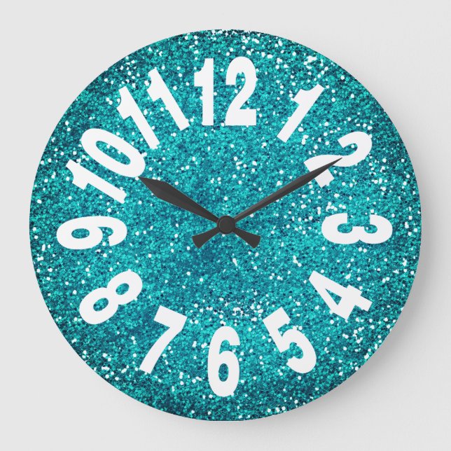 Moderner türkisblauer Glitzer Große Anzahl Große Wanduhr (Vorderseite)