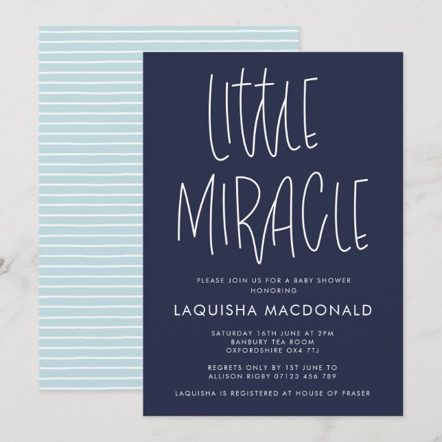 Moderner Typ Little Miracle Blue Baby Dusche Einladung (Vorne/Hinten)