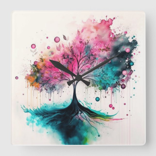 Moderner und kühne mystischer Baum (blau, rosa, or Quadratische Wanduhr (Vorderseite)