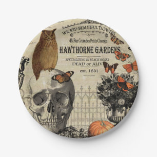 Moderner Vintage-Halloween-Uhu und Totenkopf Pappteller