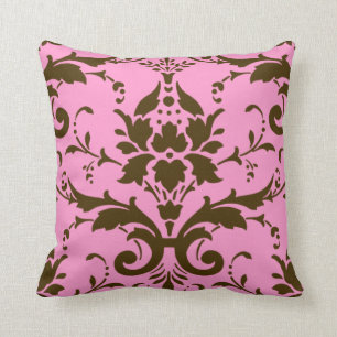 Moderner Vintager Brown-Damast auf rosa Kissen
