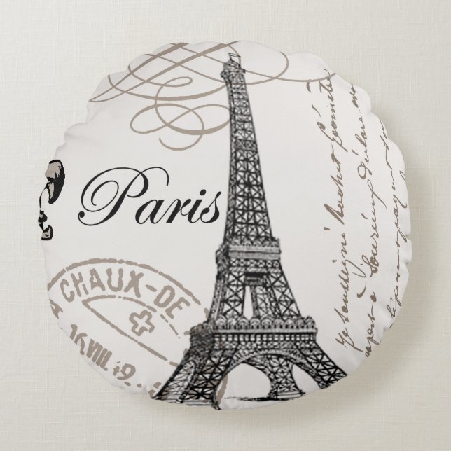 moderner Vintager Eiffel-Turm Rundes Kissen (Vorderseite)