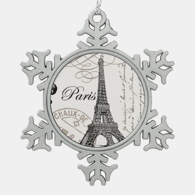 moderner Vintager Eiffel-Turm Schneeflocken Zinn-Ornament (Vorderseite)