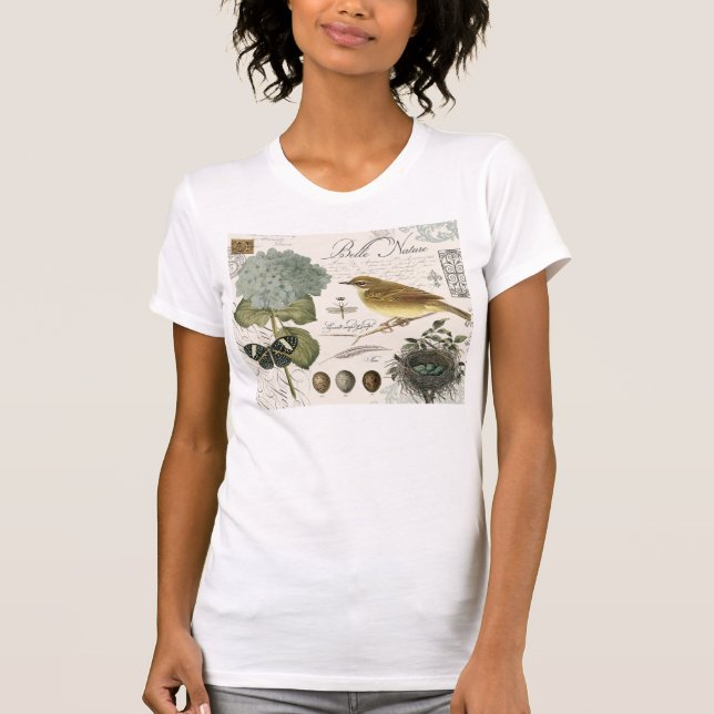 moderner Vintager französischer Vogel und Nest T-Shirt (Vorderseite)