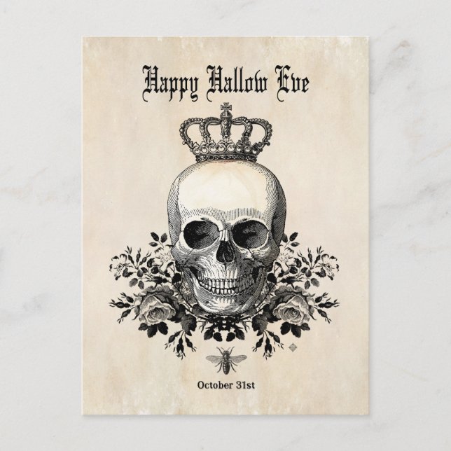 Moderner Vintager Halloween-Schädel mit Krone Postkarte (Vorderseite)