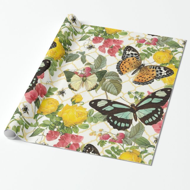 moderner Vintager Schmetterlingsgarten Geschenkpapier (Ungerollt)