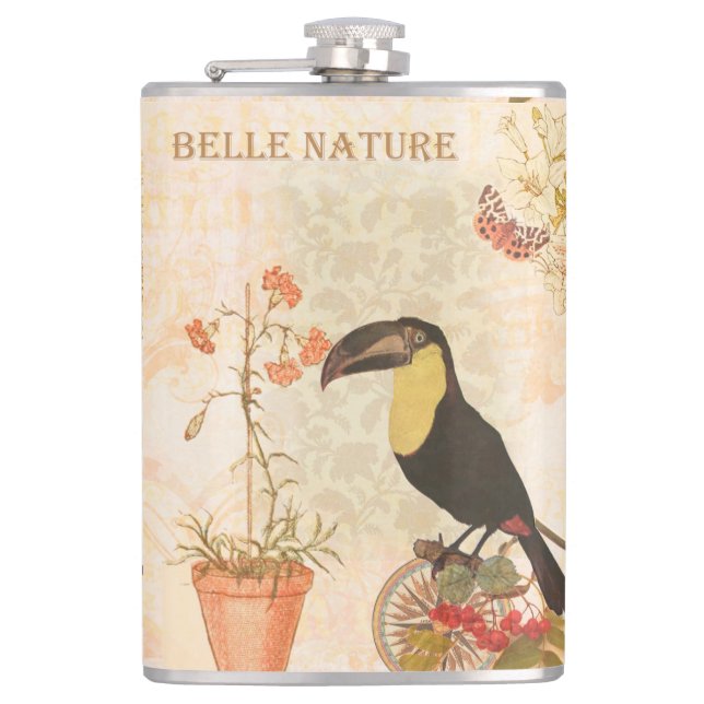 Moderner Vintager Vogel Rosa Blume Butterfly Flachmann (Vorderseite)