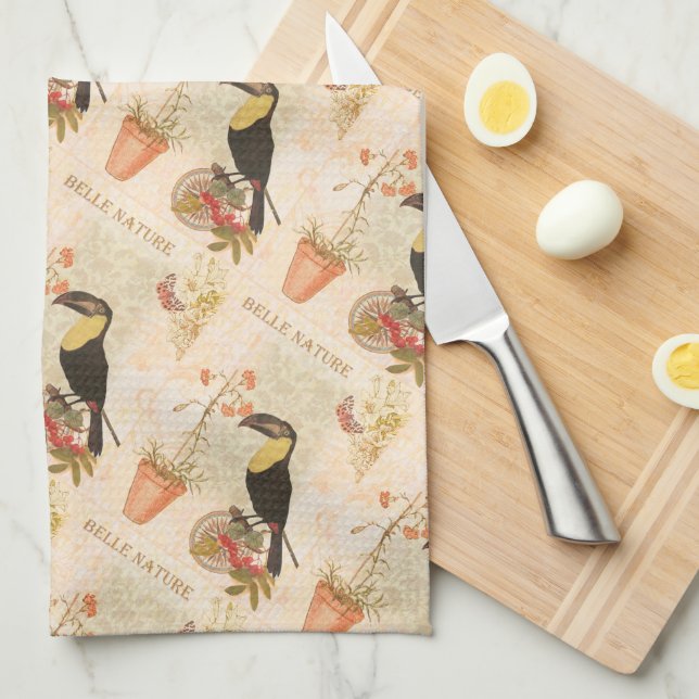 Moderner Vintager Vogel Rosa Blume Butterfly Geschirrtuch (Viertel Falte)