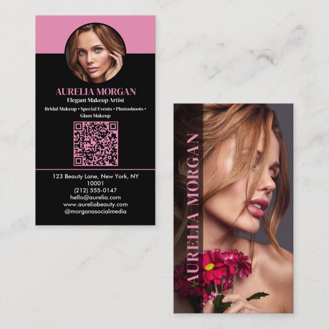 Moderner Visagist QR-Code Foto Schwarz Rosa Visitenkarte (Vorne/Hinten)
