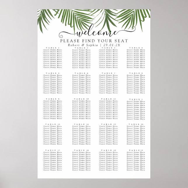 Moderner Wasserfarben-Palmbaum-Sitzplan Poster (Vorne)