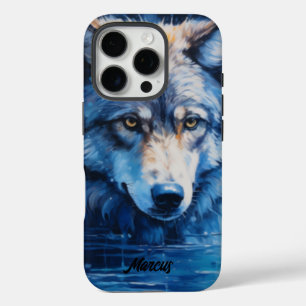 Moderner WasserfarbWolf - individueller Name iPhone 16 Pro Hülle