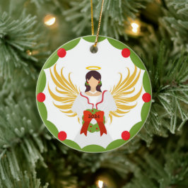 Moderner Weihnachtsangel Rot Grün Holly Wreath 202 Keramik Ornament