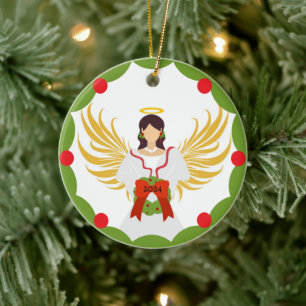 Moderner Weihnachtsangel Rot Grün Holly Wreath 202 Keramik Ornament