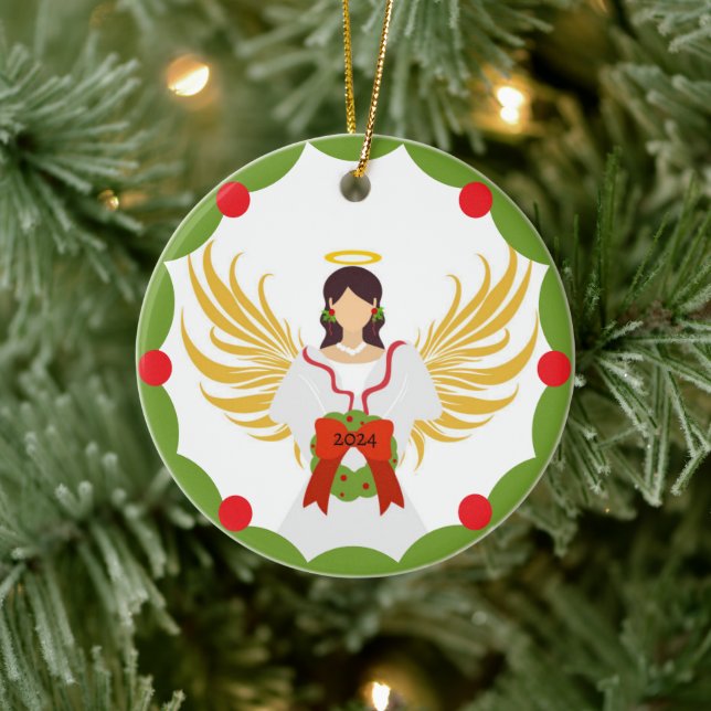 Moderner Weihnachtsangel Rot Grün Holly Wreath 202 Keramik Ornament (Baum)