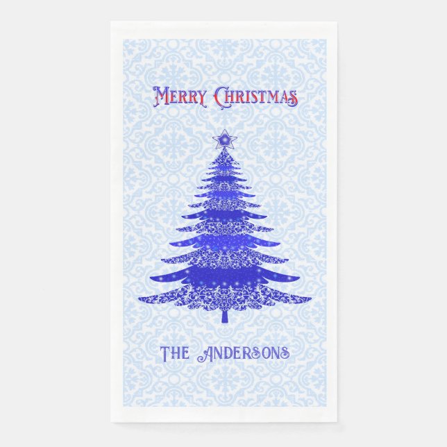 Moderner Weihnachtsbaum Blaue Schneeflocken Person Serviette (Vorderseite)