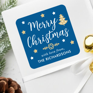 Moderner Weihnachtsbaum Familienname Blau Benutzer Quadratischer Aufkleber