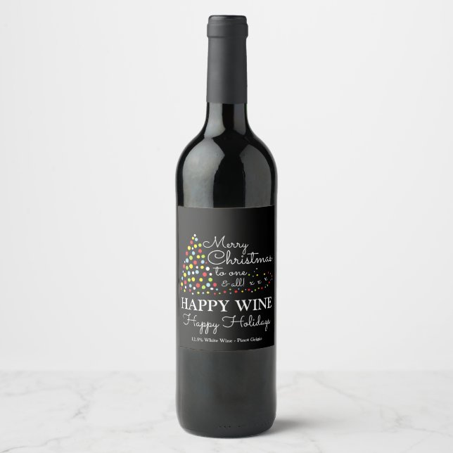 Moderner Weihnachtsbaum, Happy Wine Happy Holidays Weinetikett (Vorderseite)