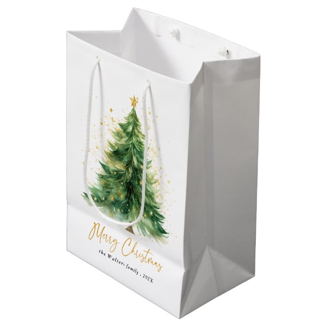 Moderner Weihnachtsbaum im Wasserfarben Non-Foto Mittlere Geschenktüte (Vorderseite Schrägansicht)