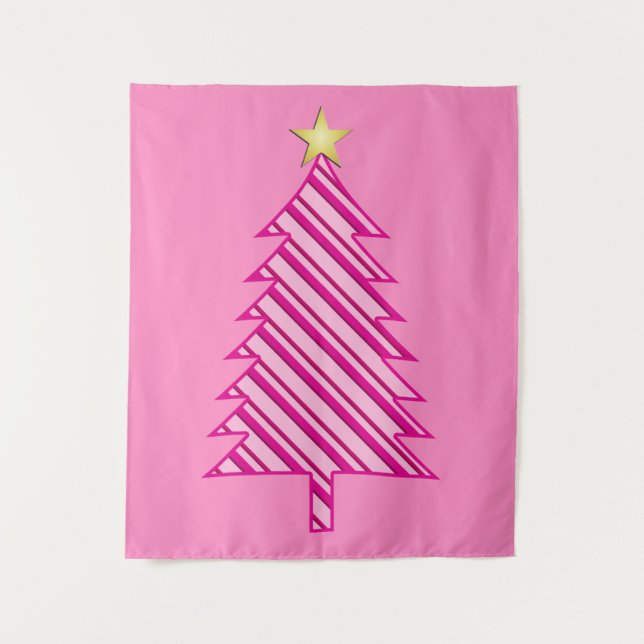 Moderner Weihnachtsbaum in rosa Pfefferminzstreife Wandteppich (Vorderseite)