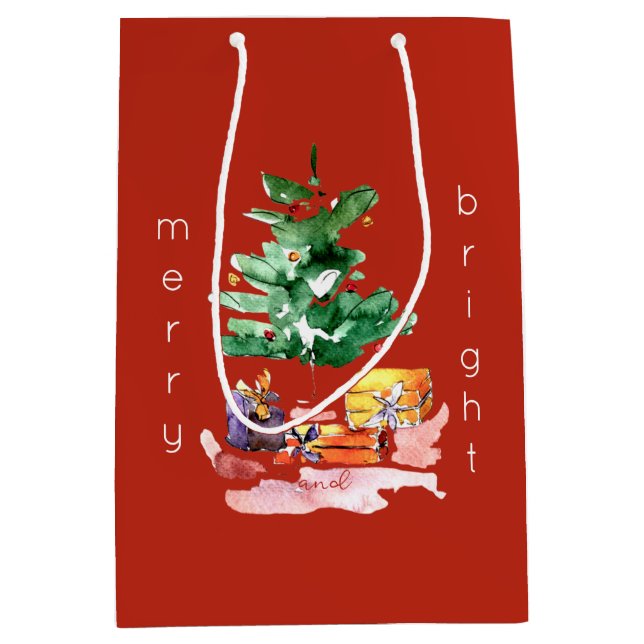 Moderner Weihnachtsbaum "Merry and Bright" Minimal Mittlere Geschenktüte (Vorderseite)