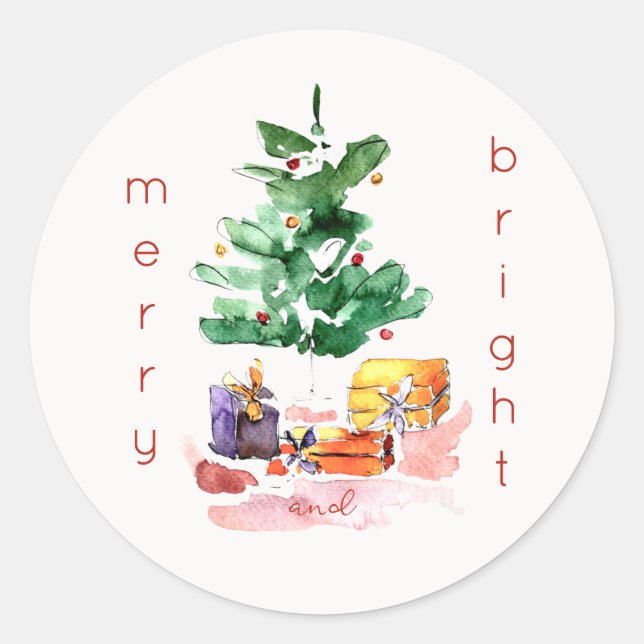 Moderner Weihnachtsbaum "Merry and Bright" Minimal Runder Aufkleber (Vorderseite)