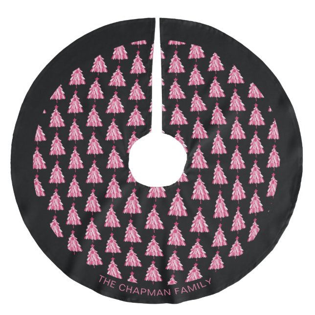 Moderner Weihnachtsbaum Pink Schwarzer Familiennam Polyester Weihnachtsbaumdecke (Vorderseite)